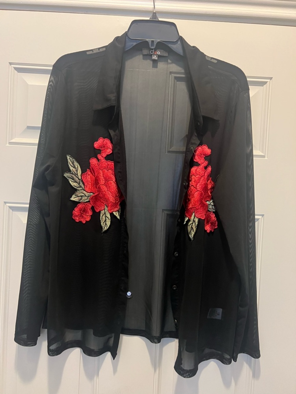 Black Sheer Button-Front Blouse with Red Floral Embroidery